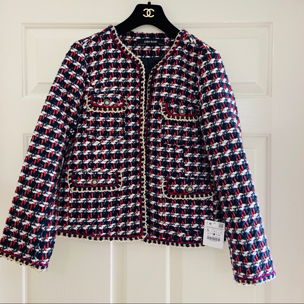ZARA RED & BLUE TWEED JACKET BLAZER